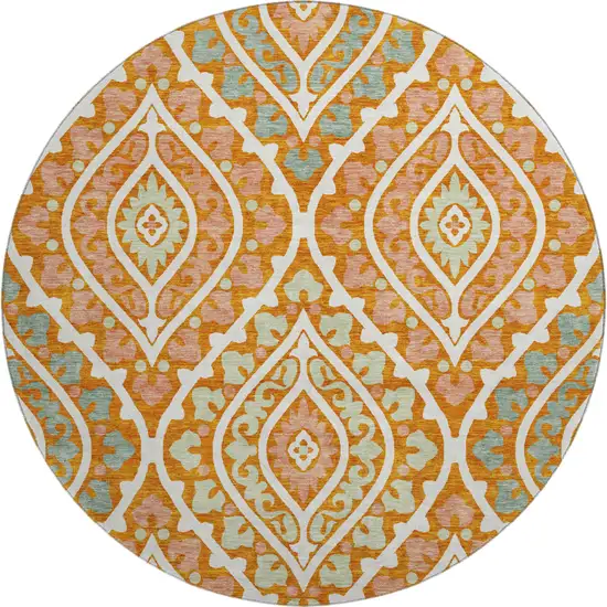 8' Orange Green And Ivory Diamond Washable Round Rug With UV Protection Photo 1