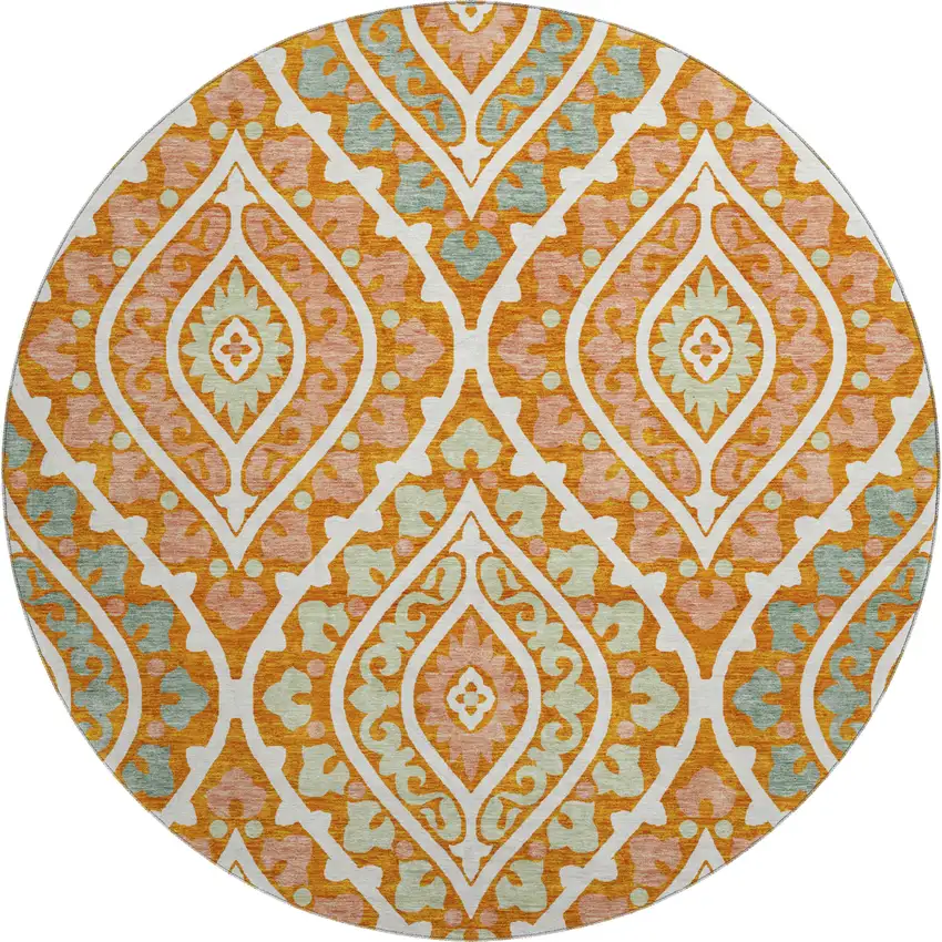 8' Orange Green And Ivory Diamond Washable Round Rug With UV Protection Photo 1