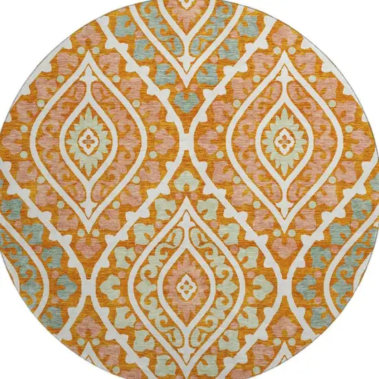 8' Orange Green And Ivory Diamond Washable Round Rug With UV Protection Photo 4