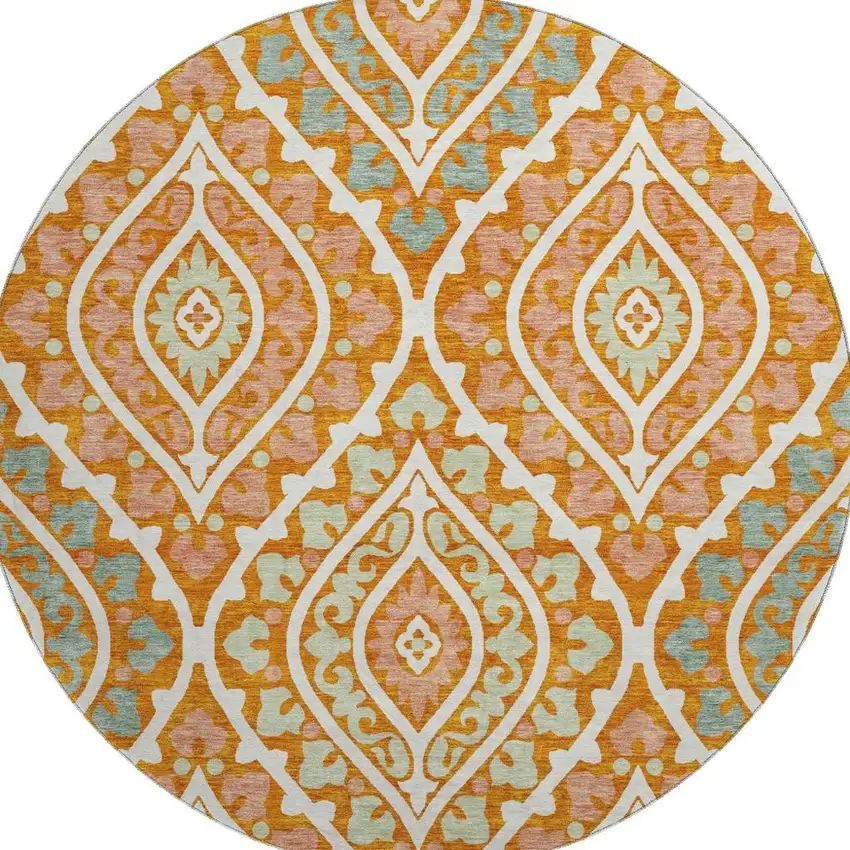 8' Orange Green And Ivory Diamond Washable Round Rug With UV Protection Photo 4
