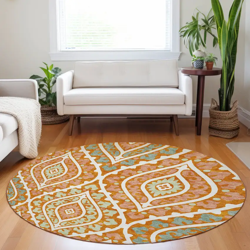 8' Orange Green And Ivory Diamond Washable Round Rug With UV Protection Photo 5