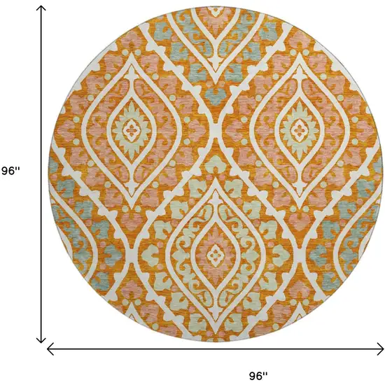 8' Orange Green And Ivory Diamond Washable Round Rug With UV Protection Photo 3