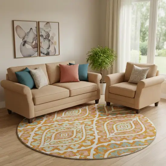 8' Orange Green And Ivory Diamond Washable Round Rug With UV Protection Photo 1