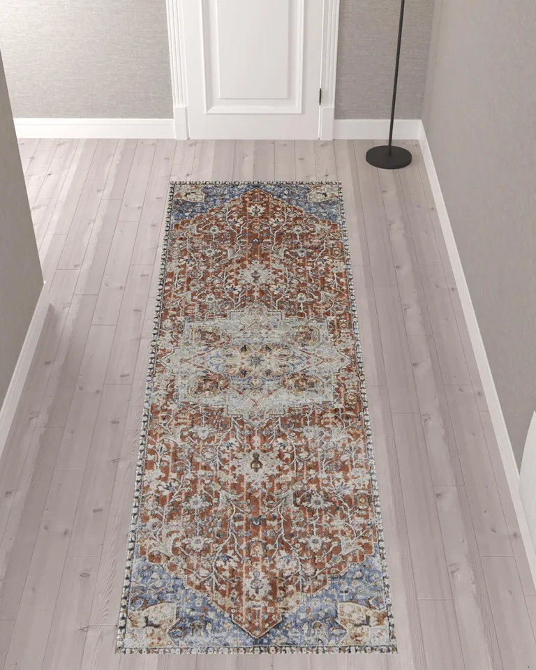 10' Orange Ivory And Blue Floral Power Loom Runner Rug With Fringe Photo 2