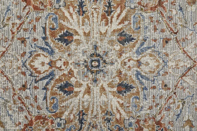10' Orange Ivory And Blue Floral Power Loom Runner Rug With Fringe Photo 5