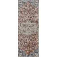 Photo of 8' Orange Ivory And Blue Floral Power Loom Runner Rug With Fringe