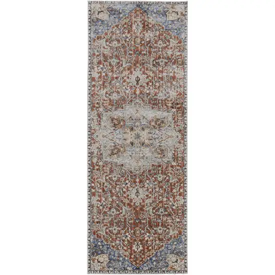 12' Orange Ivory And Blue Floral Power Loom Runner Rug With Fringe Photo 1