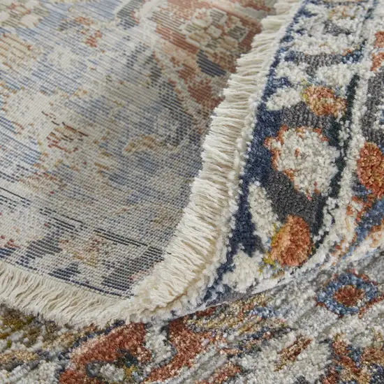 12' Orange Ivory And Blue Floral Power Loom Runner Rug With Fringe Photo 7