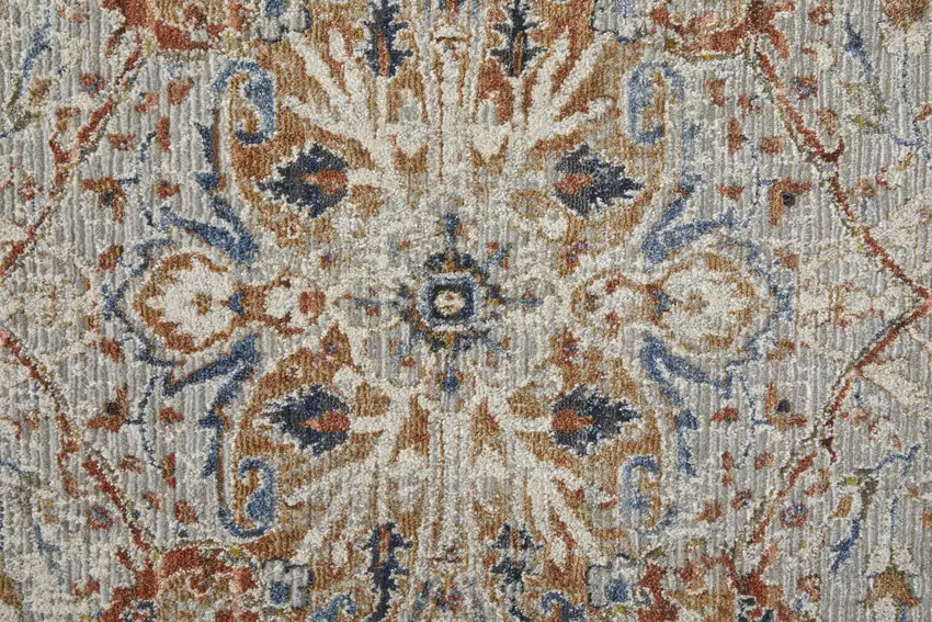 12' Orange Ivory And Blue Floral Power Loom Runner Rug With Fringe Photo 6