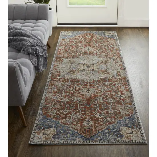 12' Orange Ivory And Blue Floral Power Loom Runner Rug With Fringe Photo 3