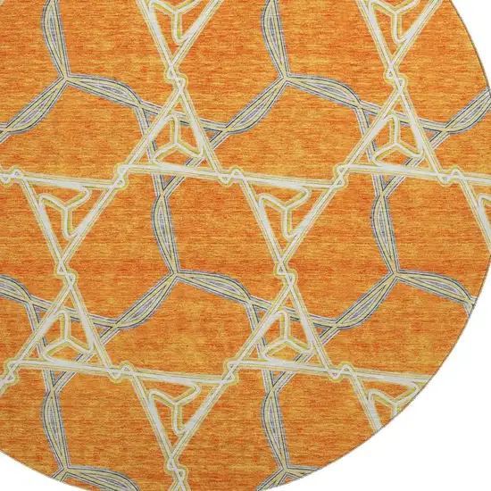 8' Orange Ivory And Blue Geometric Washable Round Rug With UV Protection Photo 2