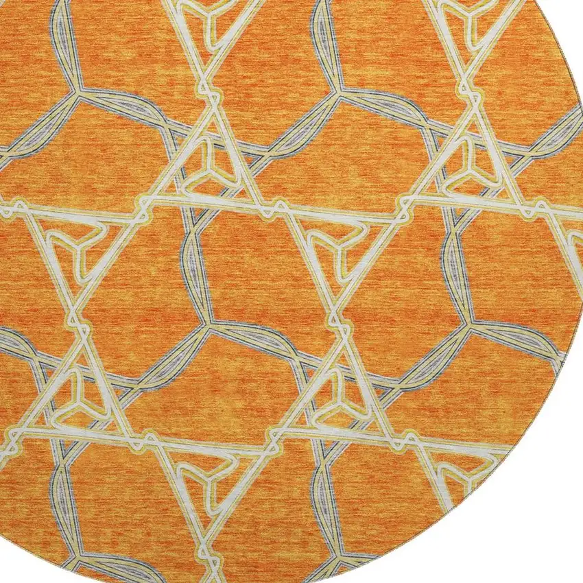 8' Orange Ivory And Blue Geometric Washable Round Rug With UV Protection Photo 2