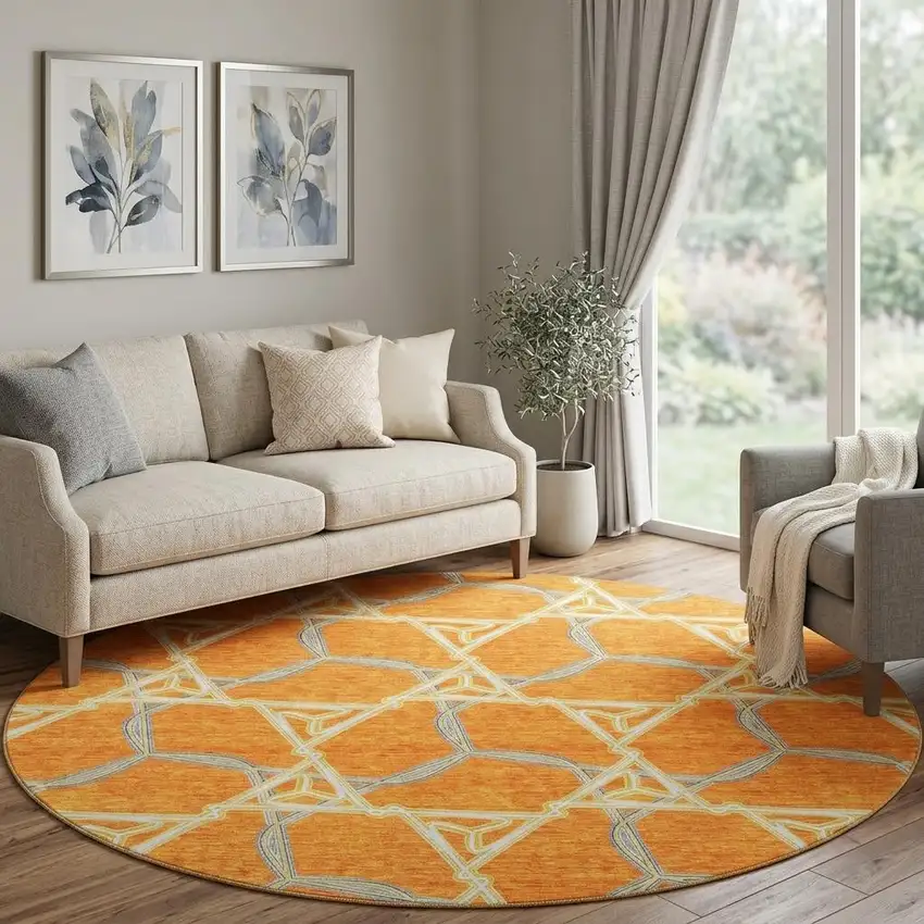 8' Orange Ivory And Blue Geometric Washable Round Rug With UV Protection Photo 1