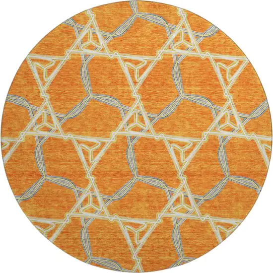 8' Orange Ivory And Blue Geometric Washable Round Rug With UV Protection Photo 1