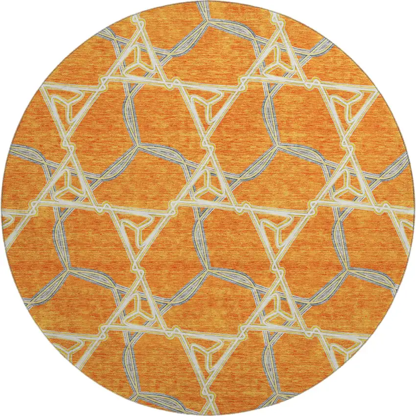 8' Orange Ivory And Blue Geometric Washable Round Rug With UV Protection Photo 1
