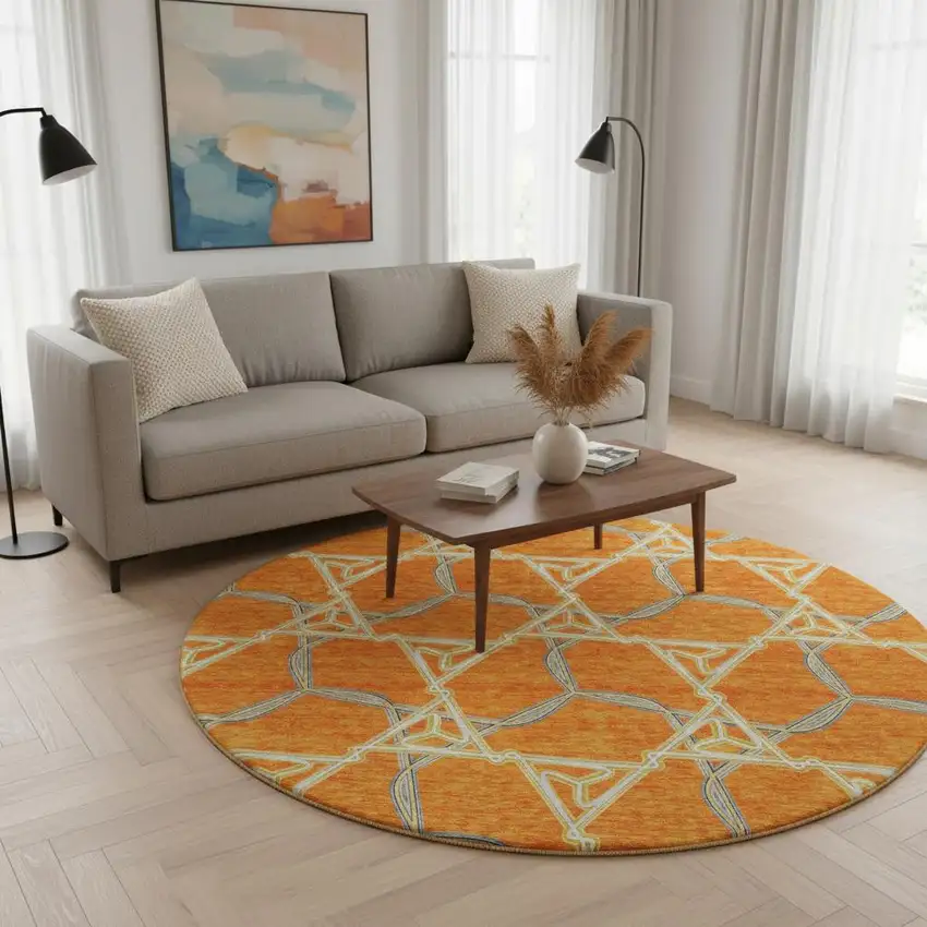 8' Orange Ivory And Blue Geometric Washable Round Rug With UV Protection Photo 2