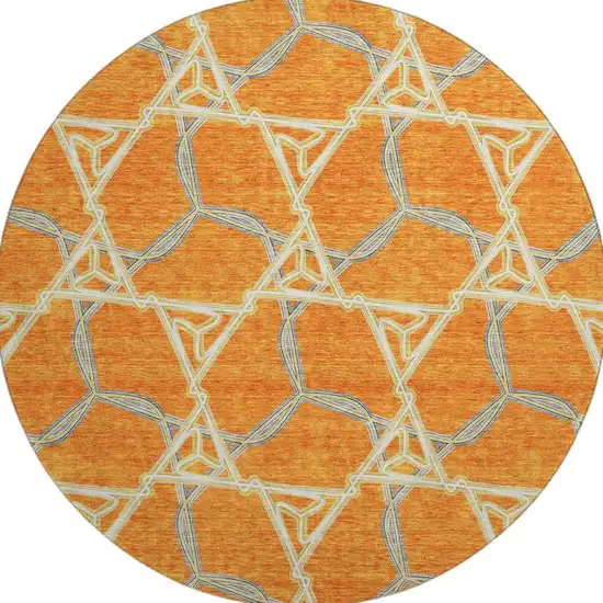 8' Orange Ivory And Blue Geometric Washable Round Rug With UV Protection Photo 3