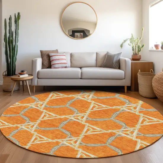 8' Orange Ivory And Blue Geometric Washable Round Rug With UV Protection Photo 4
