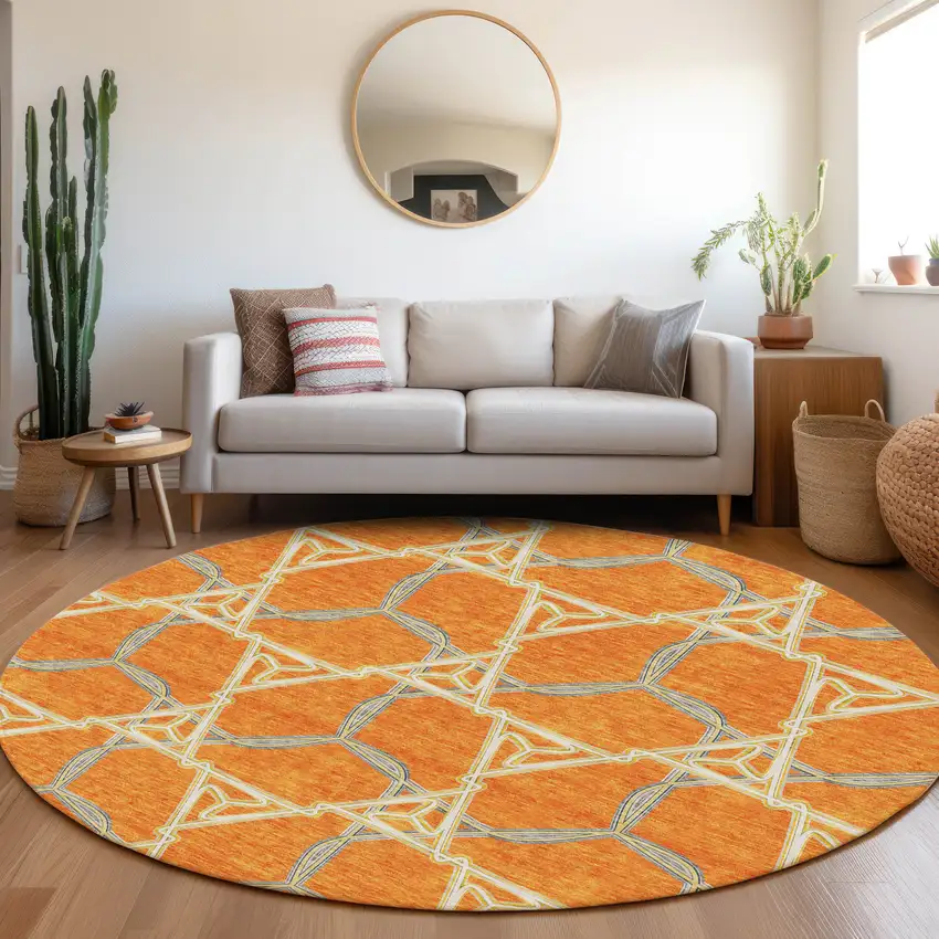 8' Orange Ivory And Blue Geometric Washable Round Rug With UV Protection Photo 4