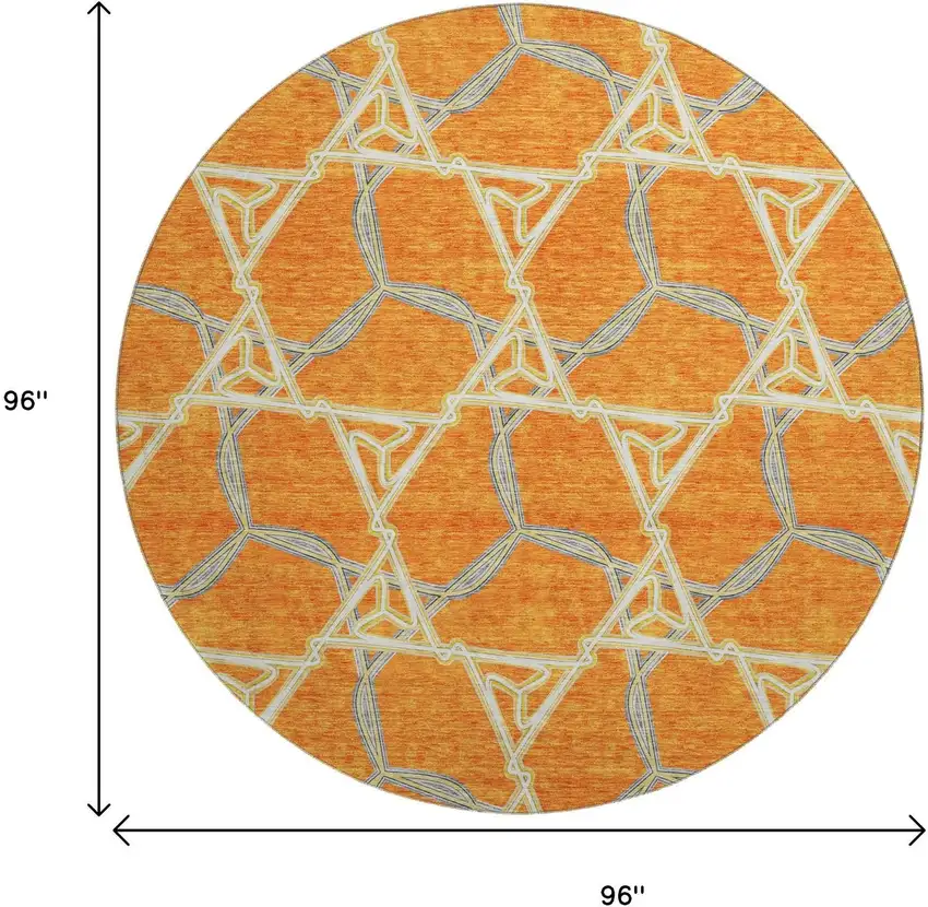 8' Orange Ivory And Blue Geometric Washable Round Rug With UV Protection Photo 9