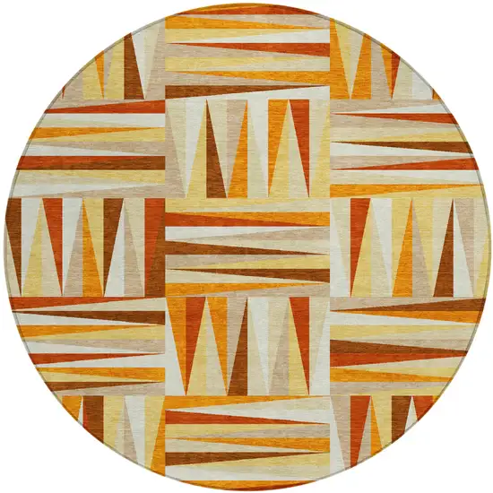 8' Orange Ivory And Copper Round Geometric Washable Indoor Outdoor Area Rug Photo 2