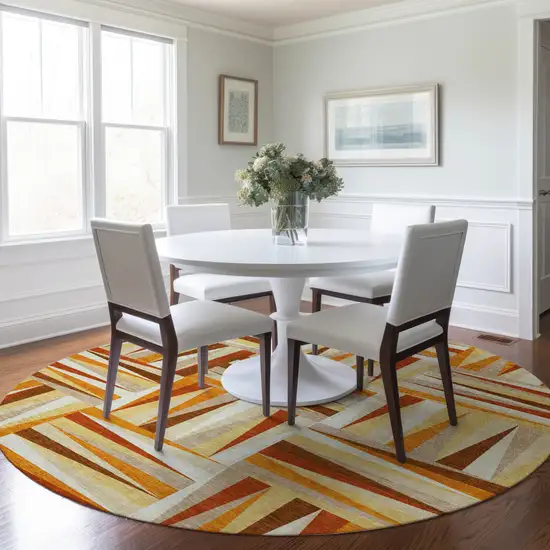 8' Orange Ivory And Copper Round Geometric Washable Indoor Outdoor Area Rug Photo 8