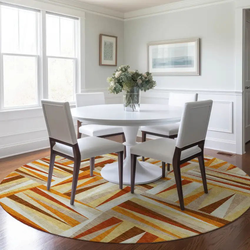 8' Orange Ivory And Copper Round Geometric Washable Indoor Outdoor Area Rug Photo 8