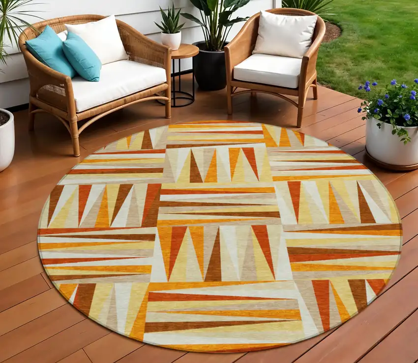 8' Orange Ivory And Copper Round Geometric Washable Indoor Outdoor Area Rug Photo 1