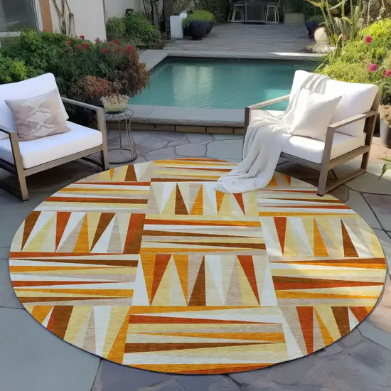 8' Orange Ivory And Copper Round Geometric Washable Indoor Outdoor Area Rug Photo 7
