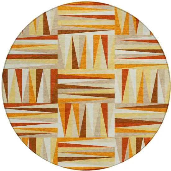 8' Orange Ivory And Copper Round Geometric Washable Indoor Outdoor Area Rug Photo 6