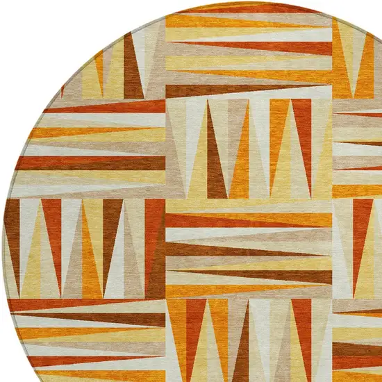 8' Orange Ivory And Copper Round Geometric Washable Indoor Outdoor Area Rug Photo 4