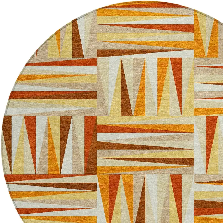 8' Orange Ivory And Copper Round Geometric Washable Indoor Outdoor Area Rug Photo 4