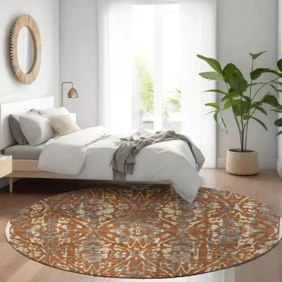 8' Orange Ivory And Dark Gray Round Floral Washable Indoor Outdoor Area Rug Photo 7