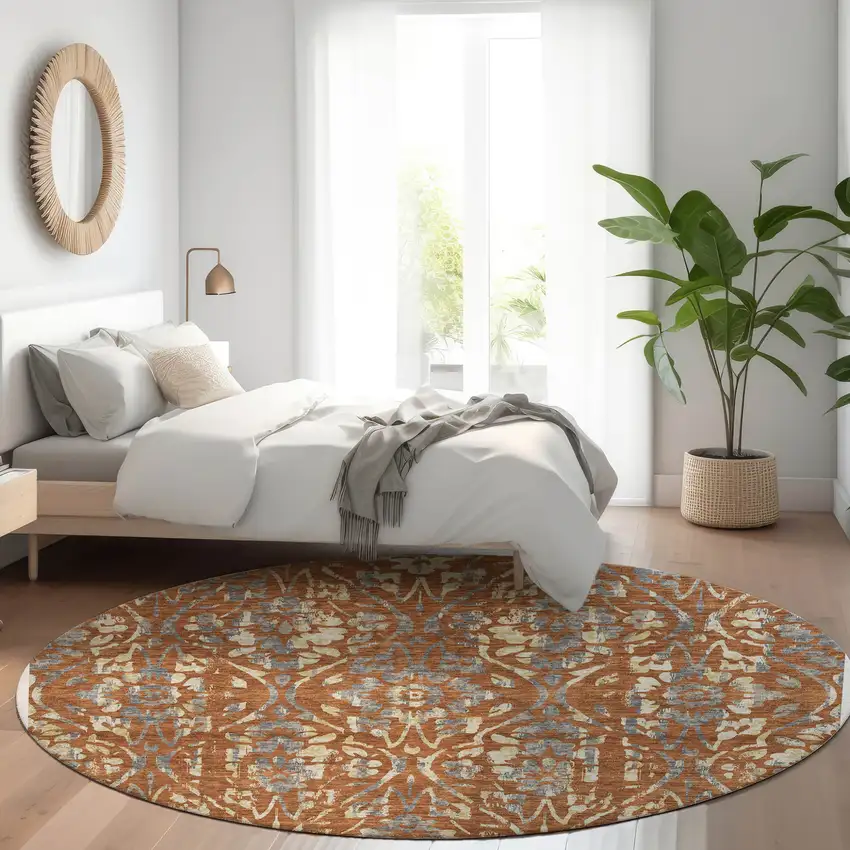 8' Orange Ivory And Dark Gray Round Floral Washable Indoor Outdoor Area Rug Photo 7