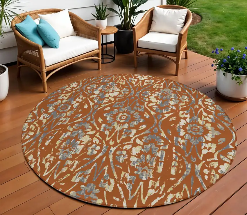 8' Orange Ivory And Dark Gray Round Floral Washable Indoor Outdoor Area Rug Photo 1