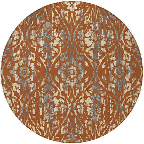 8' Orange Ivory And Dark Gray Round Floral Washable Indoor Outdoor Area Rug Photo 5