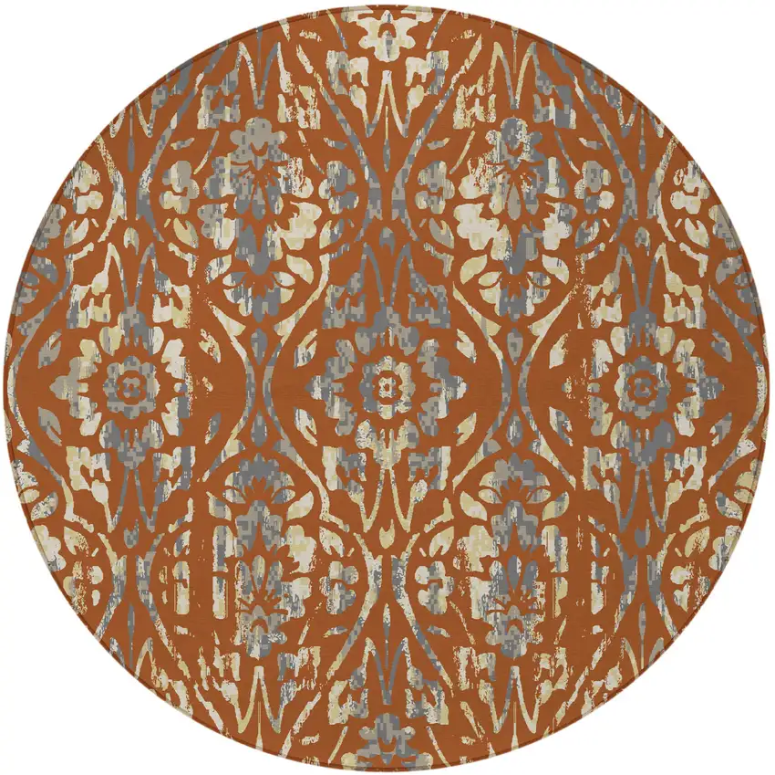 8' Orange Ivory And Dark Gray Round Floral Washable Indoor Outdoor Area Rug Photo 5