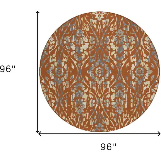 8' Orange Ivory And Dark Gray Round Floral Washable Indoor Outdoor Area Rug Photo 3