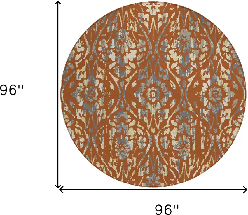8' Orange Ivory And Dark Gray Round Floral Washable Indoor Outdoor Area Rug Photo 3