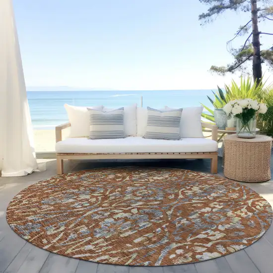 8' Orange Ivory And Dark Gray Round Floral Washable Indoor Outdoor Area Rug Photo 6