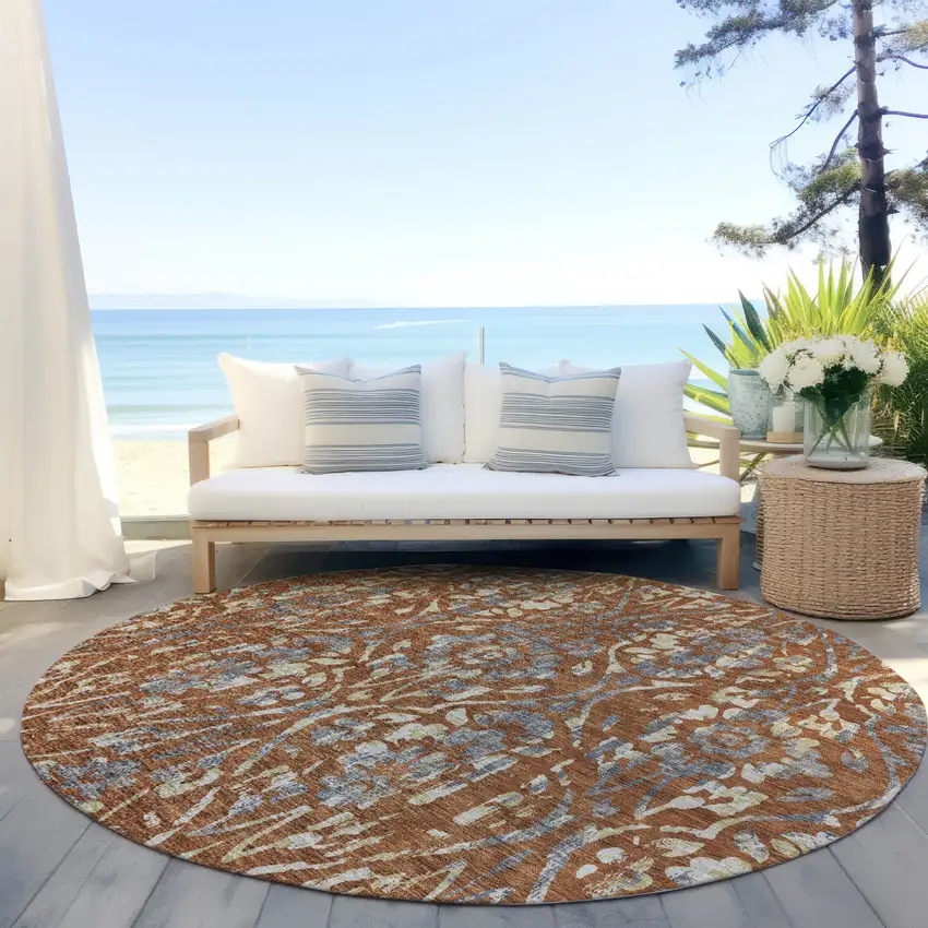 8' Orange Ivory And Dark Gray Round Floral Washable Indoor Outdoor Area Rug Photo 6