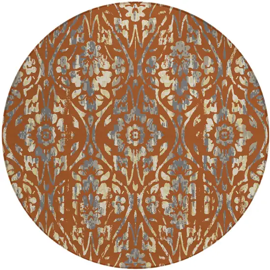 8' Orange Ivory And Dark Gray Round Floral Washable Indoor Outdoor Area Rug Photo 2