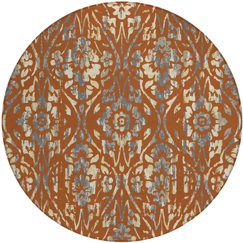 8' Orange Ivory And Dark Gray Round Floral Washable Indoor Outdoor Area Rug Photo 2