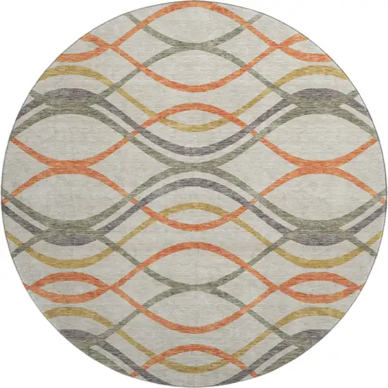 8' Orange Ivory And Gold Abstract Washable Round Rug With UV Protection Photo 1