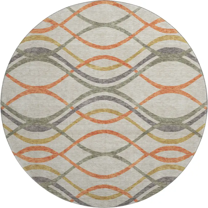 8' Orange Ivory And Gold Abstract Washable Round Rug With UV Protection Photo 1