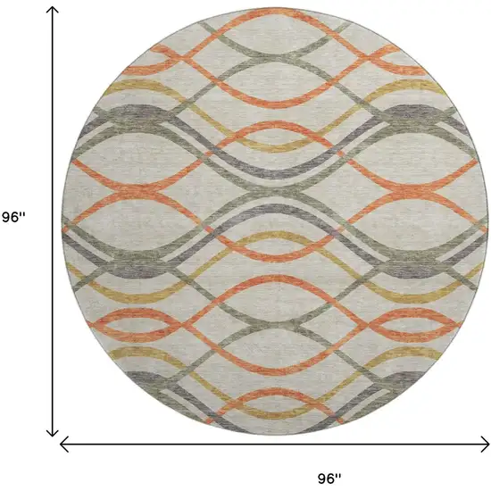 8' Orange Ivory And Gold Abstract Washable Round Rug With UV Protection Photo 3