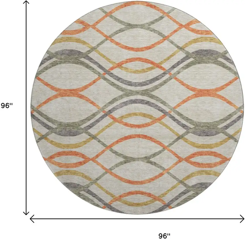 8' Orange Ivory And Gold Abstract Washable Round Rug With UV Protection Photo 3