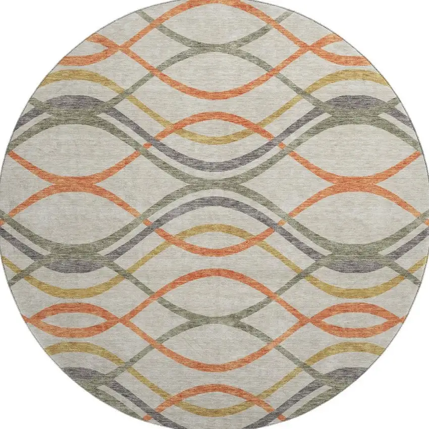 8' Orange Ivory And Gold Abstract Washable Round Rug With UV Protection Photo 4