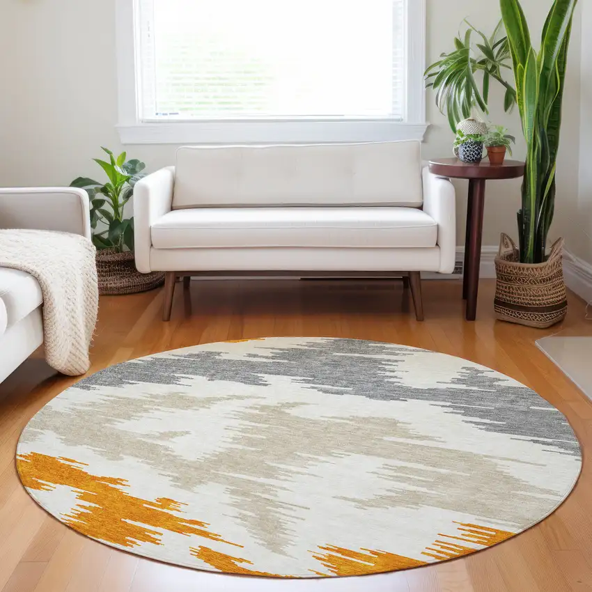 8' Orange Ivory And Gray Abstract Washable Round Rug With UV Protection Photo 5