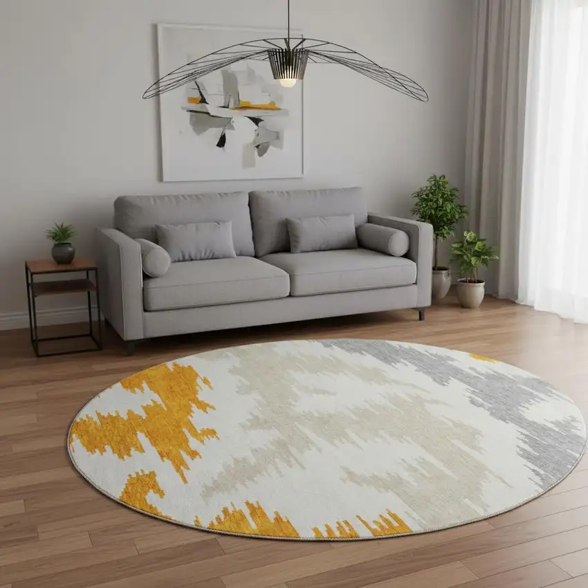 8' Orange Ivory And Gray Abstract Washable Round Rug With UV Protection Photo 2